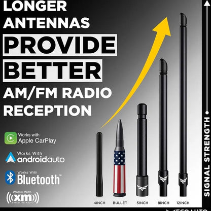 🚘50 Cal Badass Bullet Antenna for Ford Dodge GMC Chevy & Jeep 2007+ Stand Out Upgrade Your Truck Antenna Anti-Theft Design Military-Grade Quality Auxiliary Audio Inputs
