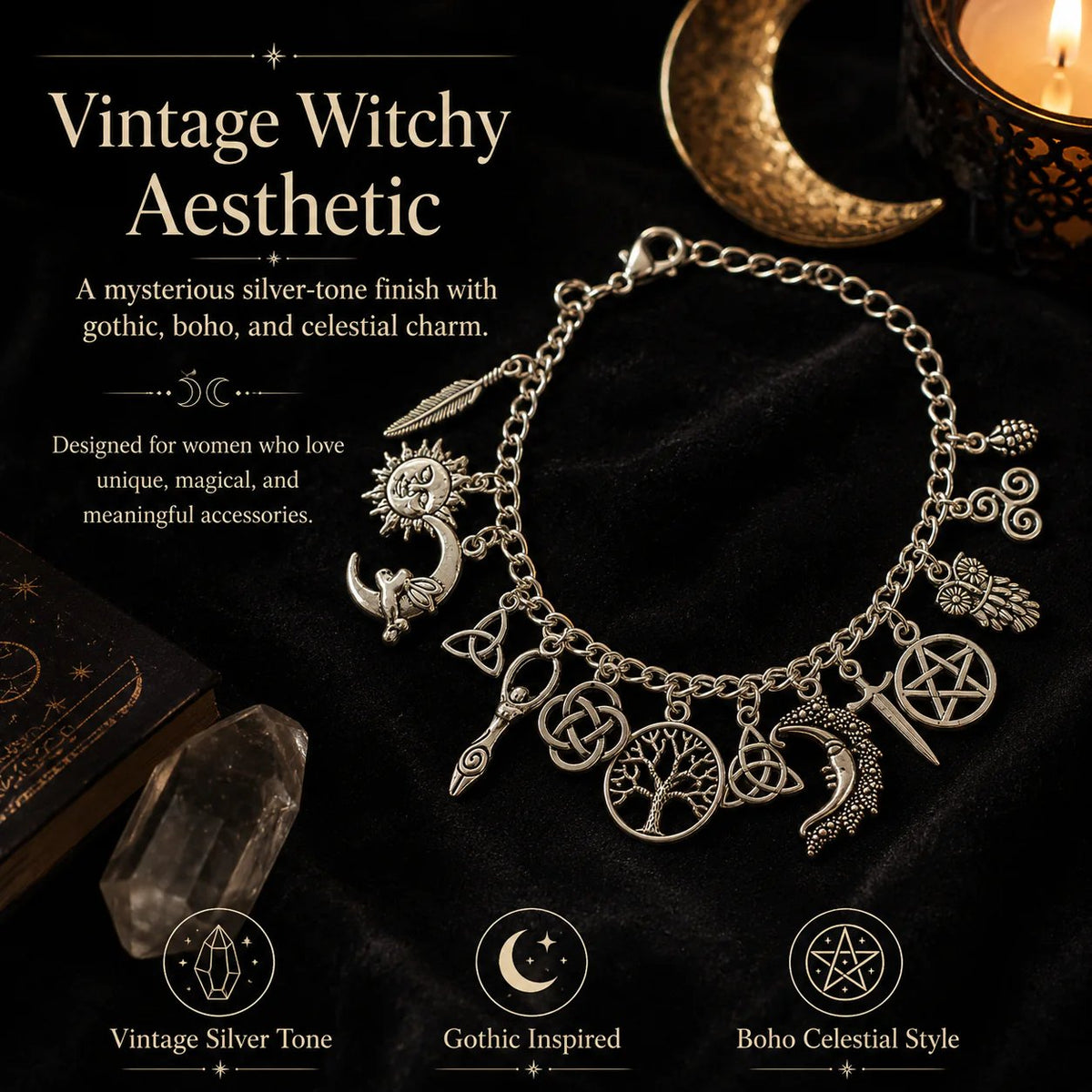 Vintage Witchy Charm Bracelet | Celestial Gothic Boho Jewelry for Women