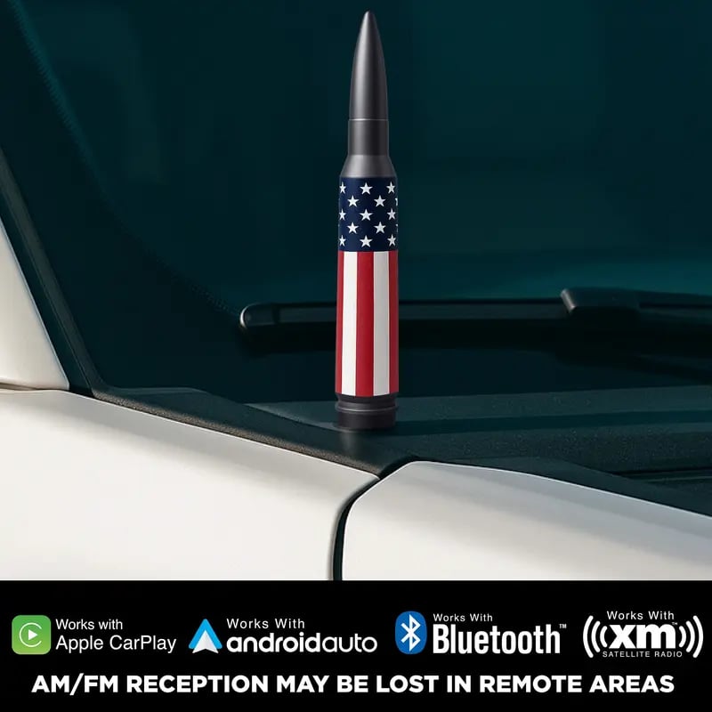 🚘50 Cal Badass Bullet Antenna for Ford Dodge GMC Chevy & Jeep 2007+ Stand Out Upgrade Your Truck Antenna Anti-Theft Design Military-Grade Quality Auxiliary Audio Inputs