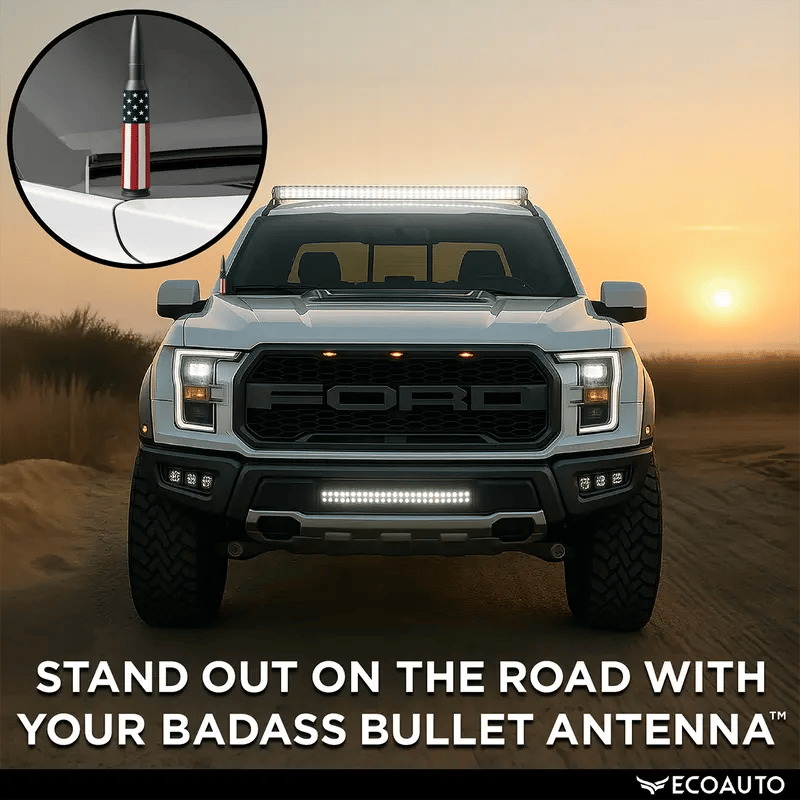 🚘50 Cal Badass Bullet Antenna for Ford Dodge GMC Chevy & Jeep 2007+ Stand Out Upgrade Your Truck Antenna Anti-Theft Design Military-Grade Quality Auxiliary Audio Inputs