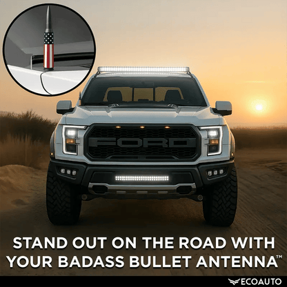 🚘50 Cal Badass Bullet Antenna for Ford Dodge GMC Chevy & Jeep 2007+ Stand Out Upgrade Your Truck Antenna Anti-Theft Design Military-Grade Quality Auxiliary Audio Inputs
